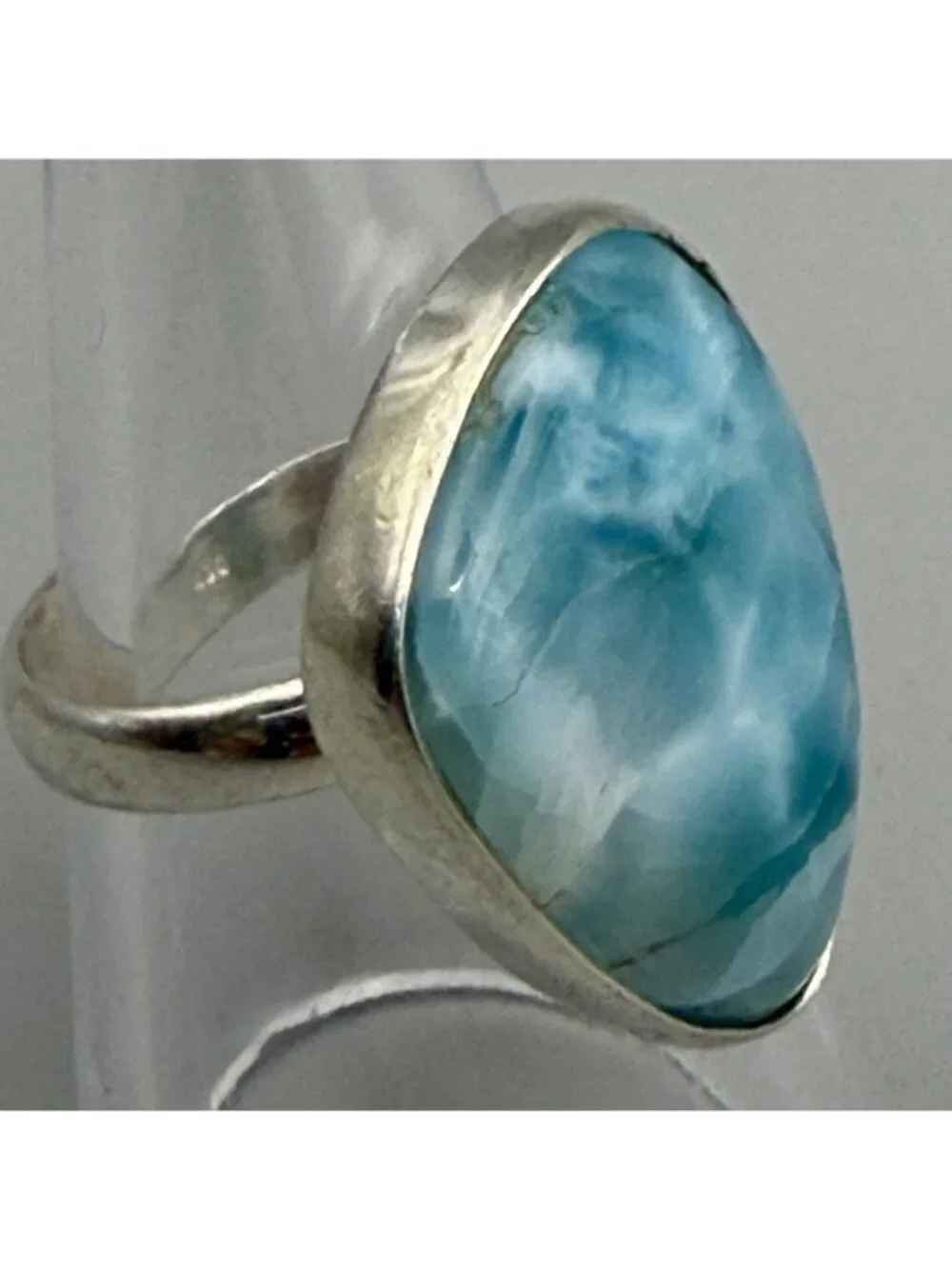 Larimar Large Freeform Cabochon Ring Caribbean Blue Sterling Silver Size 7